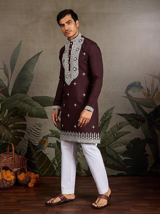 Kalaanj Men Silk Blend Embroidered Kurta with Mandarin Collar - Image 3